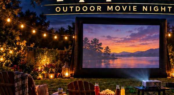 Inflatable movie screen set up in a backyard at dusk with string lights and lawn seating